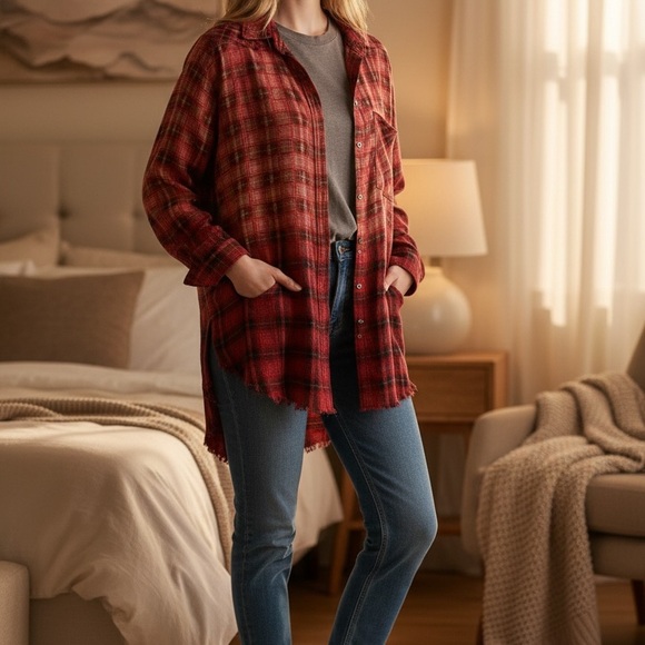 Fp One Tops - Plaid Button Down Shirt - Red